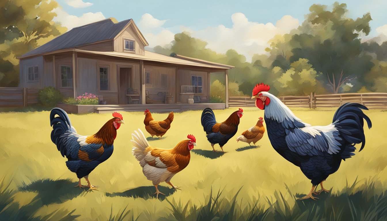 A group of heritage breed chickens roam freely in a spacious backyard, pecking at the ground and basking in the warm Texas sunlight