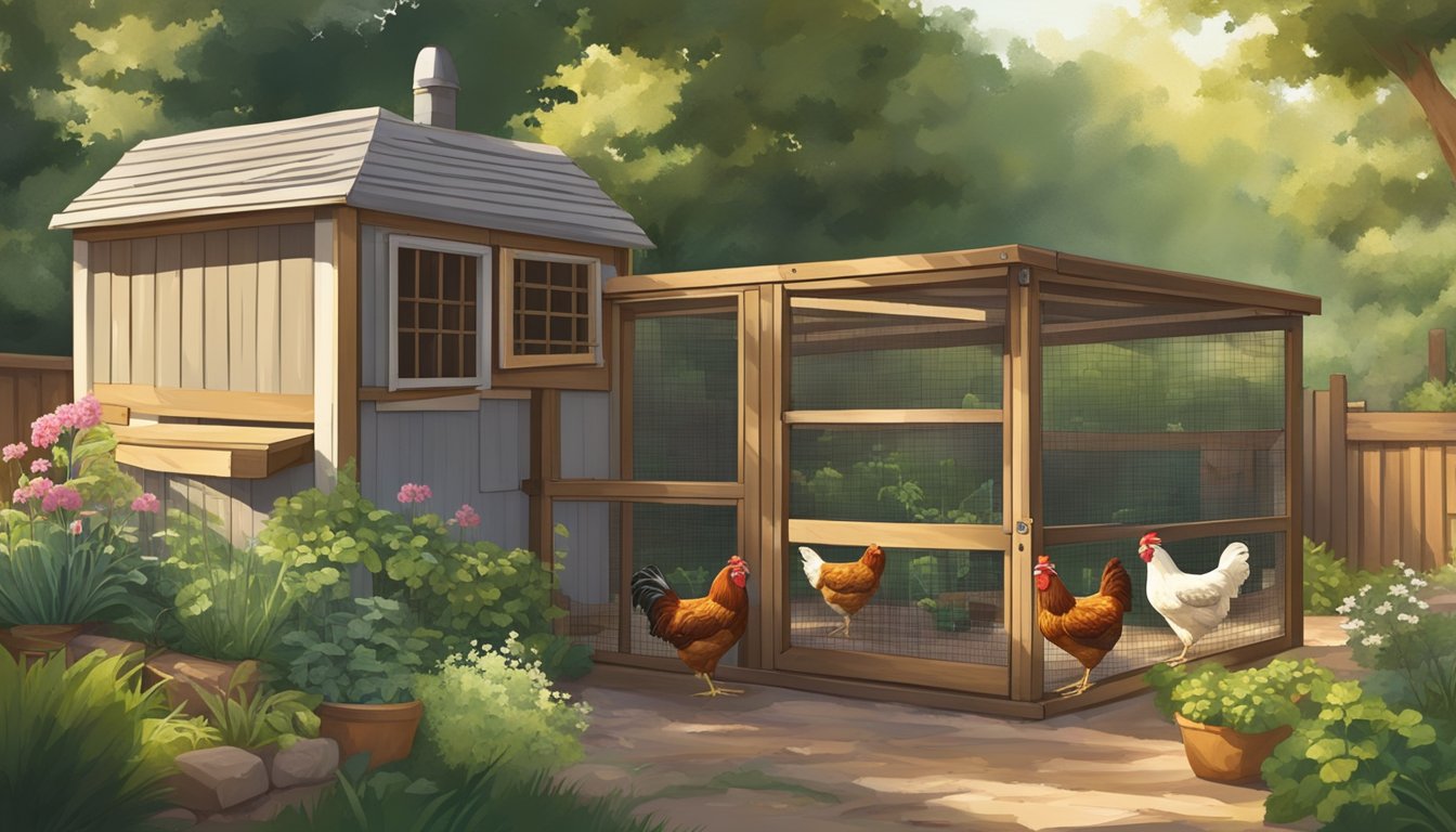 A rustic chicken coop nestled in a Texas backyard, surrounded by greenery and a small vegetable garden. The sun is shining, and heritage breed chickens roam freely