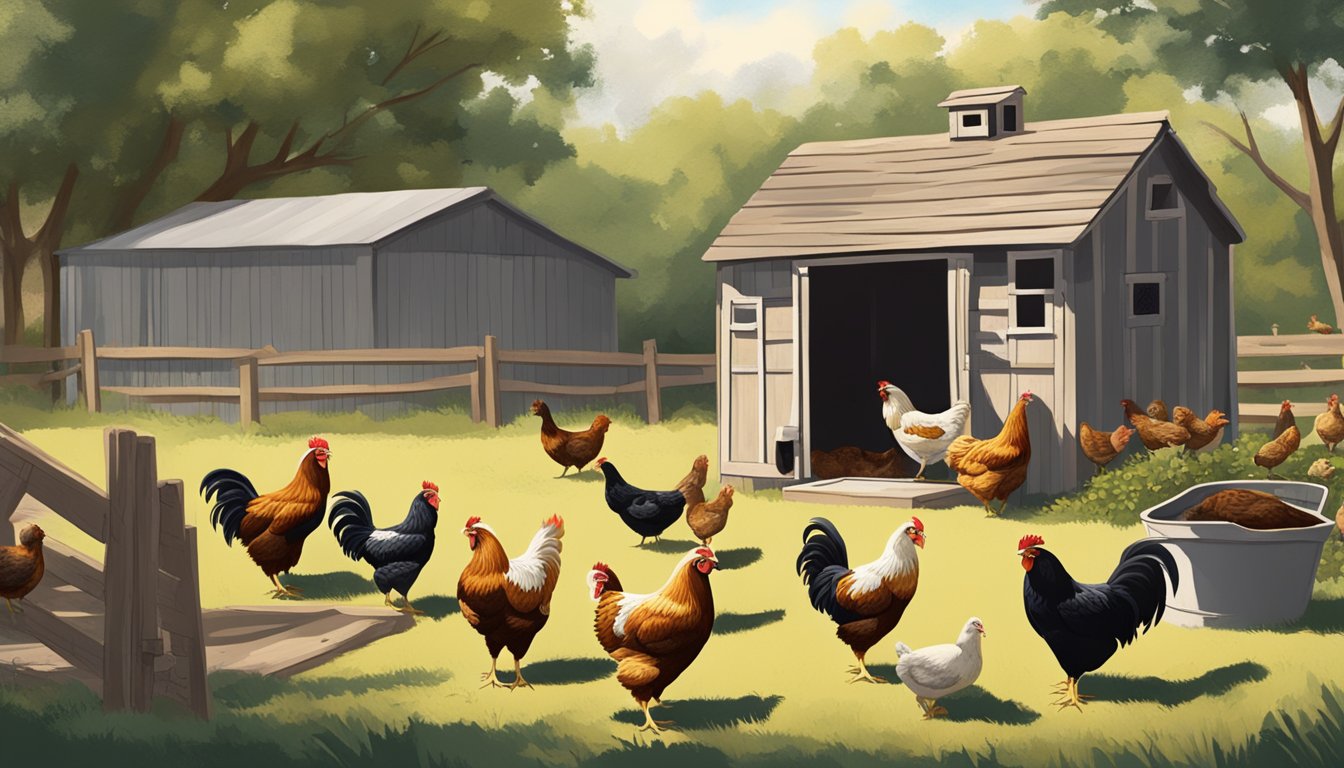 A sunny backyard in Texas, with a rustic chicken coop and a group of heritage breed chickens pecking at the ground