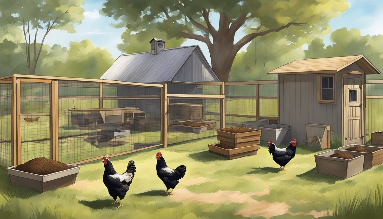 A sunny Texas backyard with a coop, nesting boxes, and a fenced-in area for heritage breed chickens to roam and forage