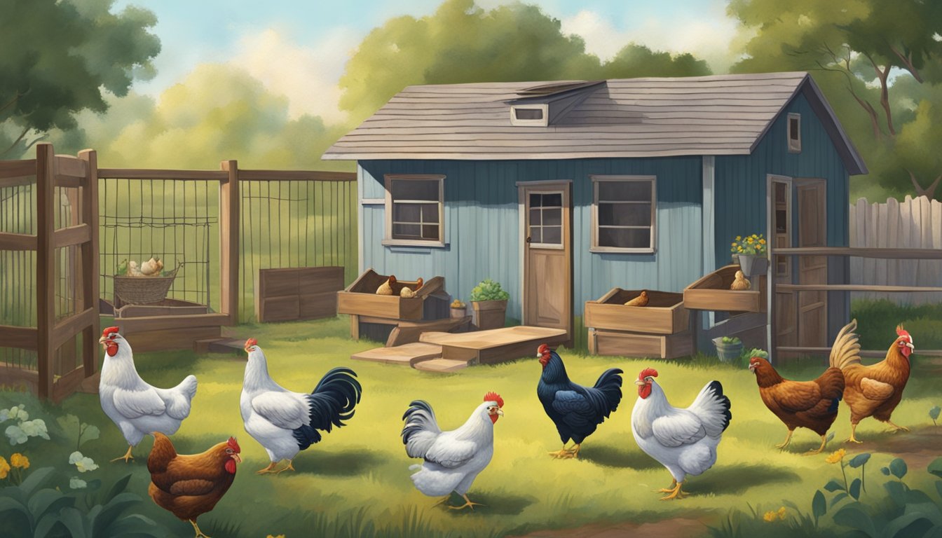 A backyard in Texas with a small coop and a group of heritage breed chickens roaming freely