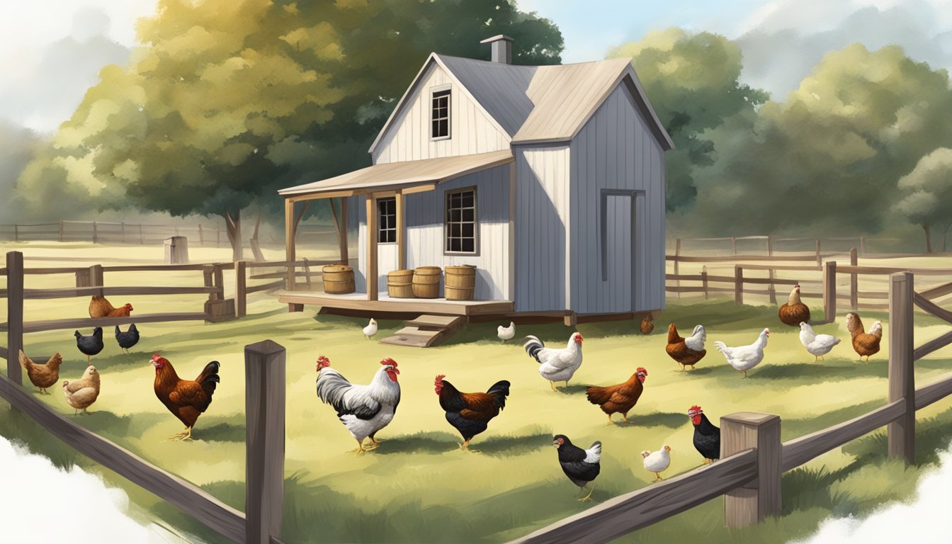 A rustic Texas backyard with a coop, open pasture, and heritage breed chickens roaming freely