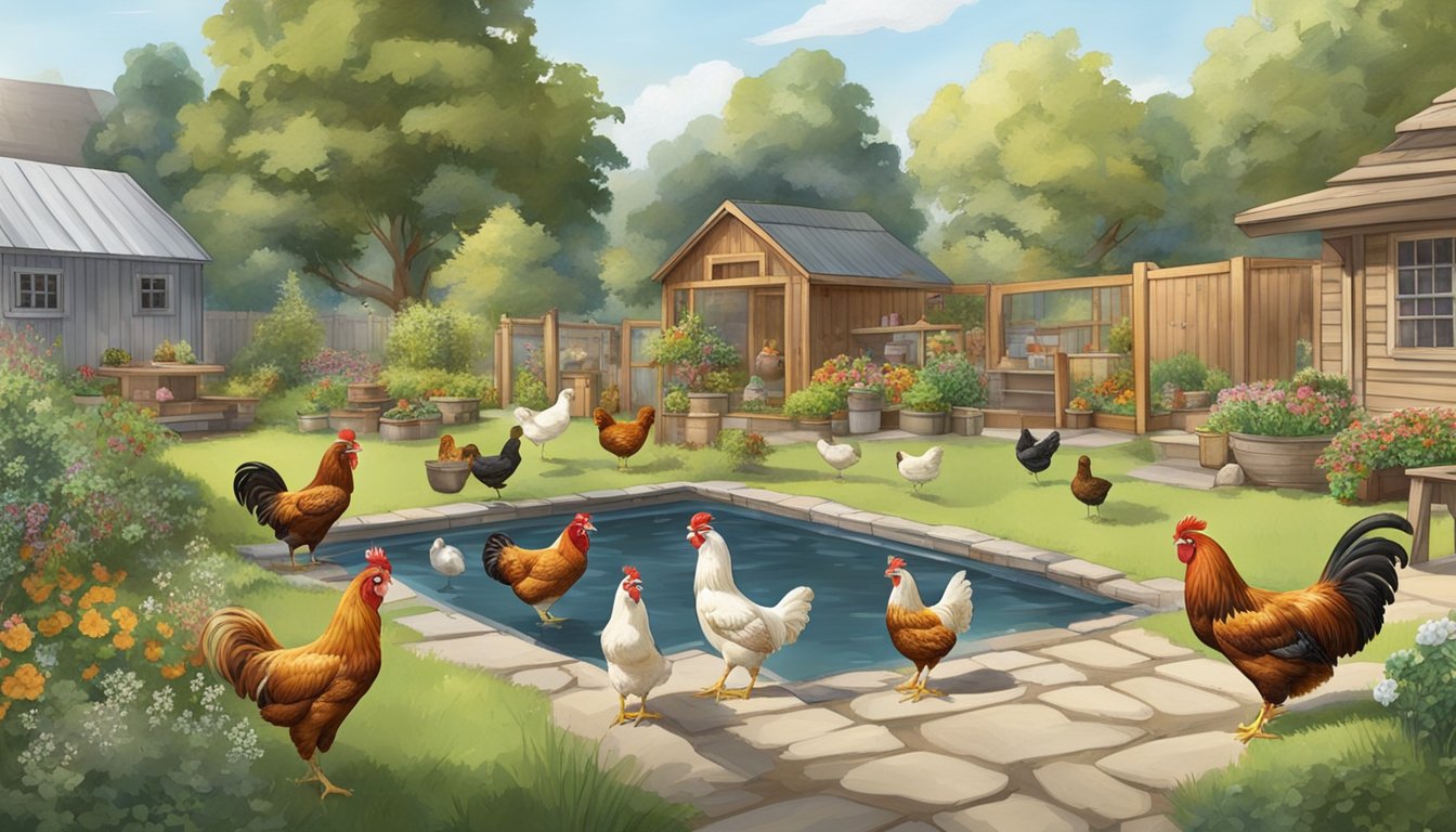 A backyard scene with a variety of heritage chicken breeds feeding from separate food and water stations. Well-maintained coops and spacious outdoor areas for foraging