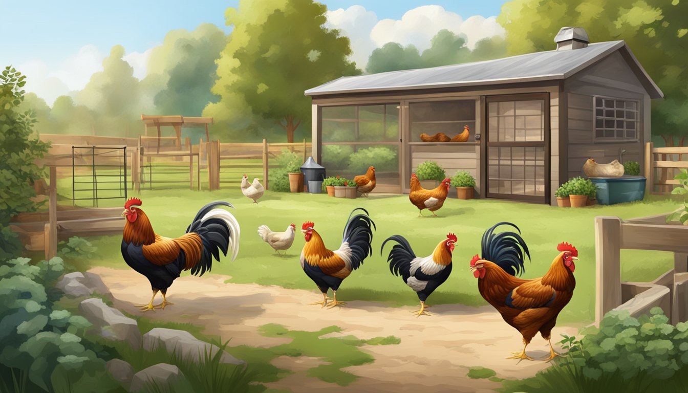 A backyard with a variety of heritage or rare chicken breeds roaming freely, a spacious coop, clean water and feed stations, and plenty of natural sunlight and greenery