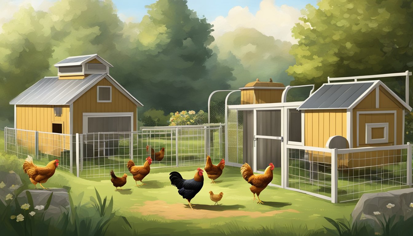 A backyard with a spacious chicken coop housing a variety of heritage or rare chicken breeds. The chickens are seen roaming freely in a fenced area, with food and water readily available