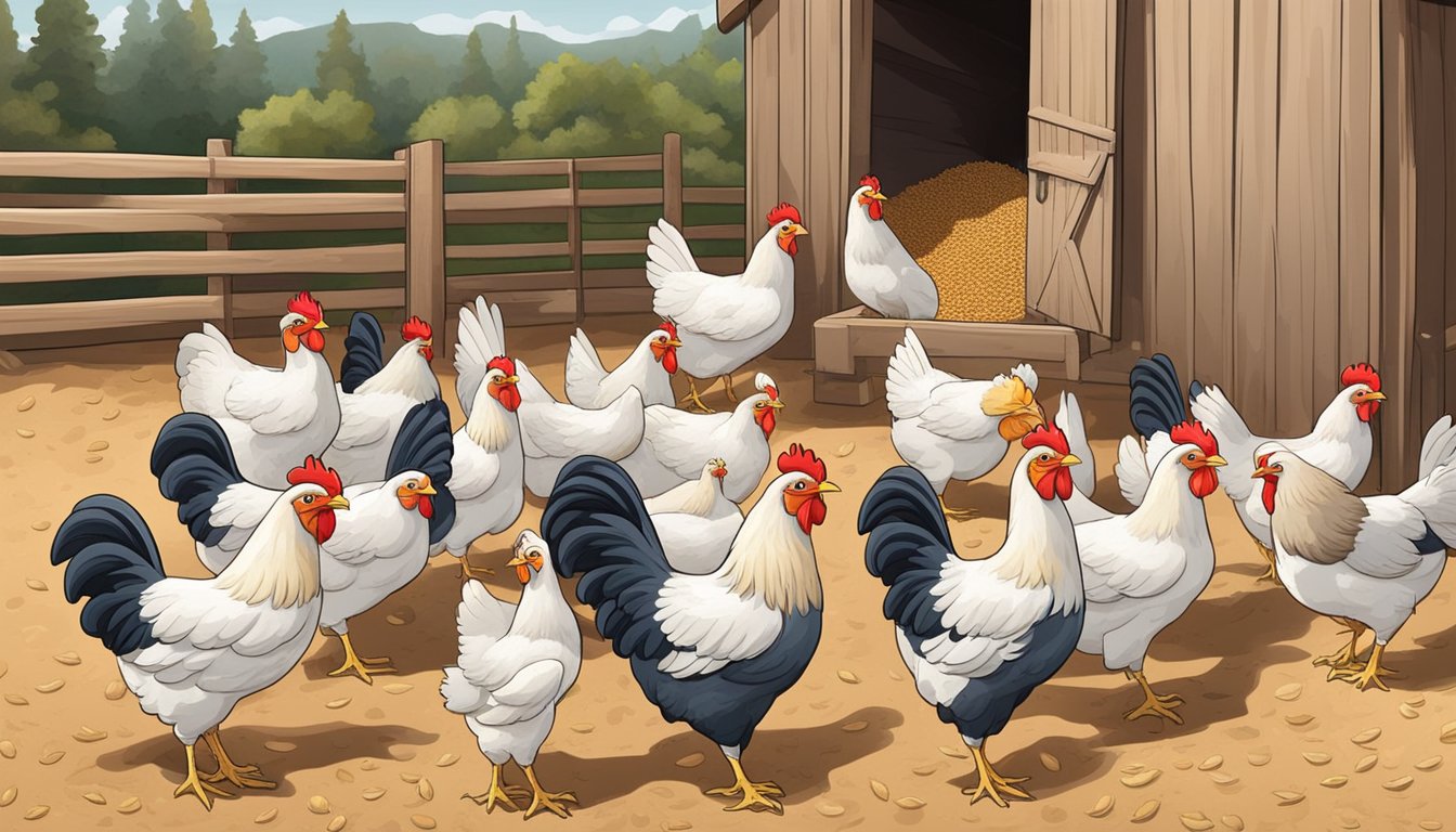 A hen pecks at a pile of feed in a clean and spacious coop, surrounded by healthy-looking chickens. The feed appears to be a mix of grains, seeds, and pellets in various colors