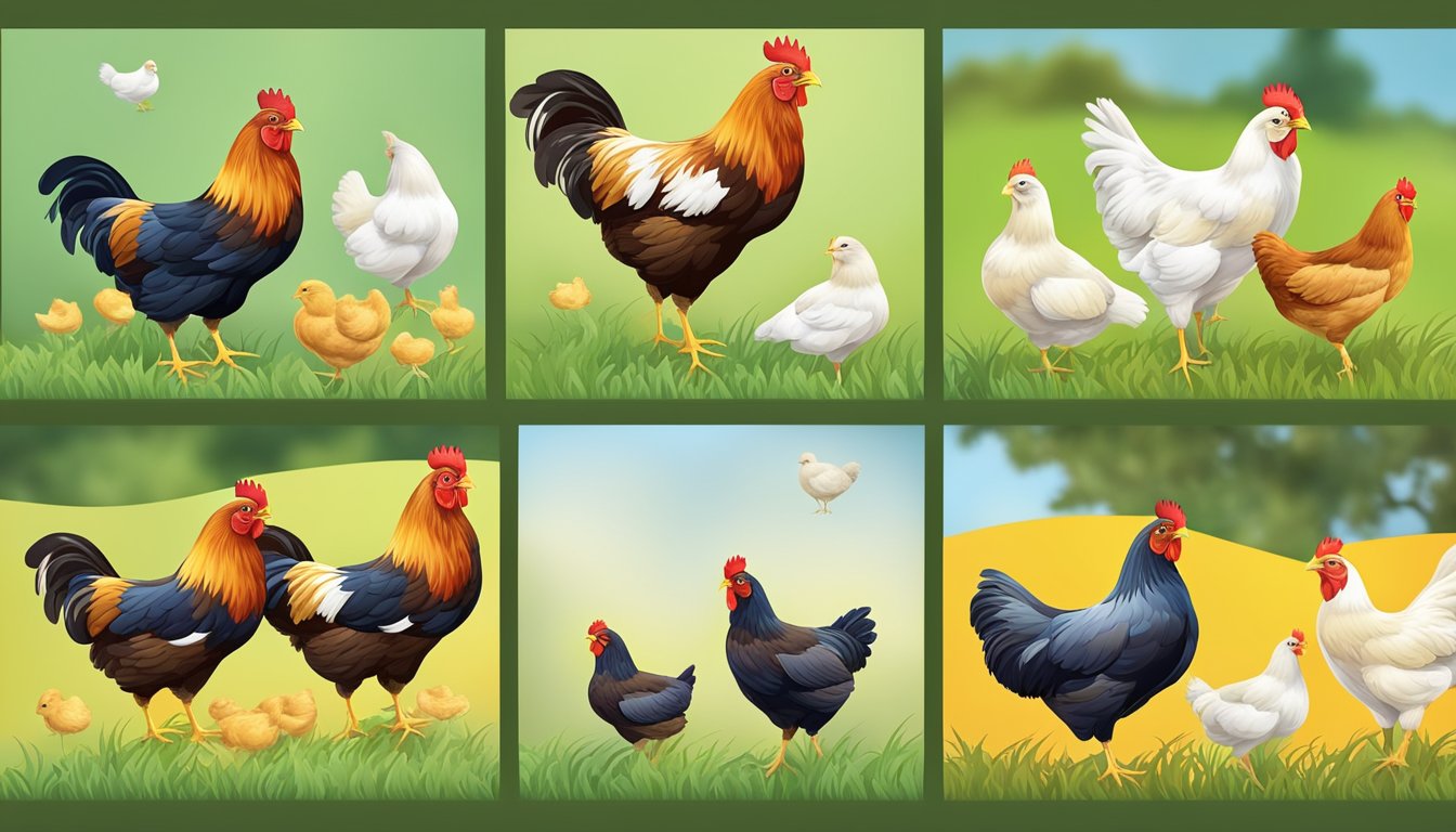 A variety of high-quality chicken feed in different lifecycle stages, surrounded by healthy and active backyard chickens