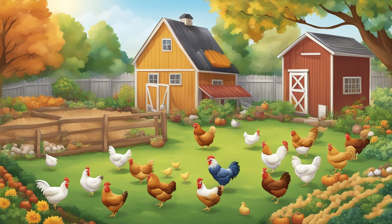 A backyard with four distinct seasons, showing different types of feed for chickens in each season. The scene includes a coop, feeding area, and various types of feed such as grains, fruits, and vegetables