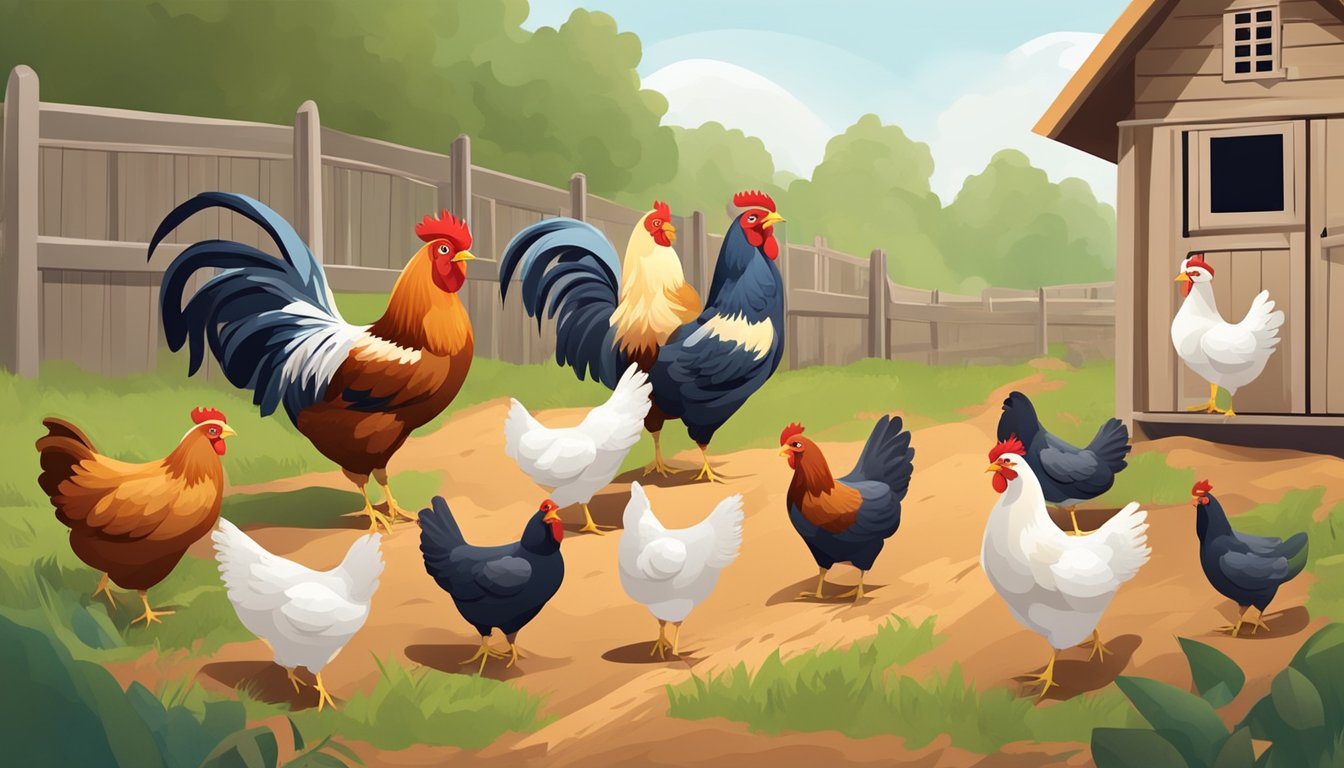 A flock of chickens peck at a variety of feed in a clean, well-maintained coop. They appear healthy, active, and alert