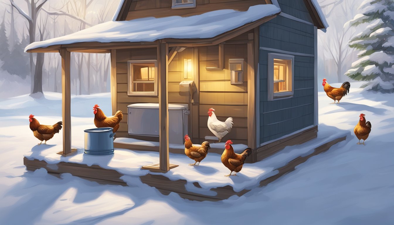 A heated water dispenser sits in a cozy, snow-covered chicken coop, with chickens pecking at the frozen ground outside