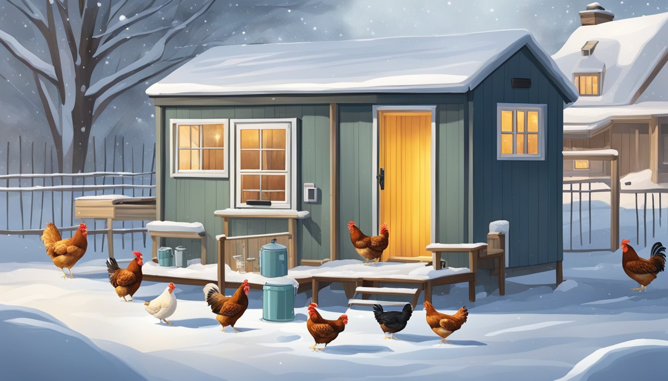 A backyard coop in winter, with a heated water dispenser inside to prevent freezing. Snow covers the ground, and chickens peck at the icy ground