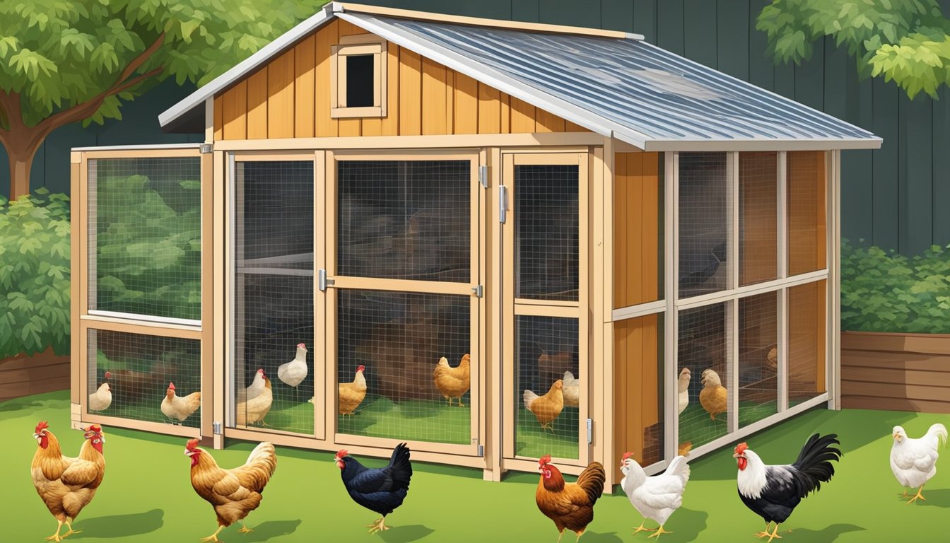 A chicken coop with multiple ventilation windows and doors, surrounded by different breeds of chickens roaming freely in a backyard setting