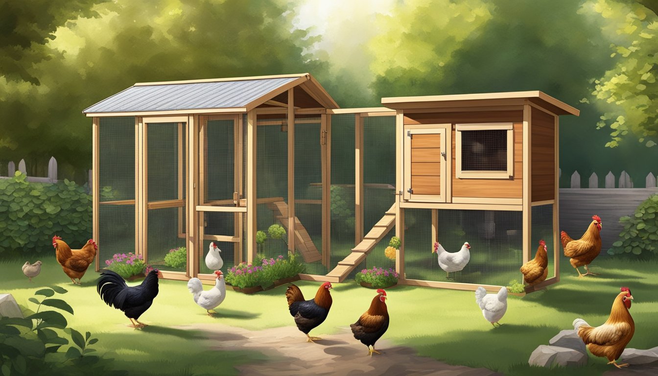 A cozy, spacious chicken coop with a secure outdoor run, nesting boxes, and a water and food station. Lush greenery and a sunny, open space for the bantam chickens to roam