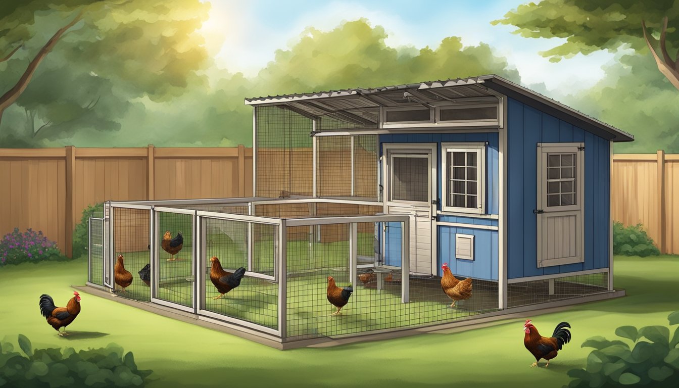 A small backyard coop with bantam chickens roaming freely. Clean water and feeders, spacious and secure enclosure, and a shaded area for resting