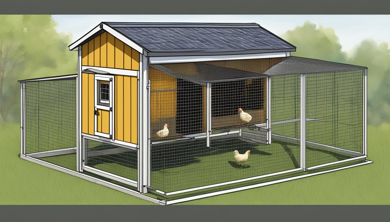 A sturdy, elevated chicken coop with secure latches and wire mesh to deter predators. Surrounding the coop, a clear perimeter free of debris and vegetation