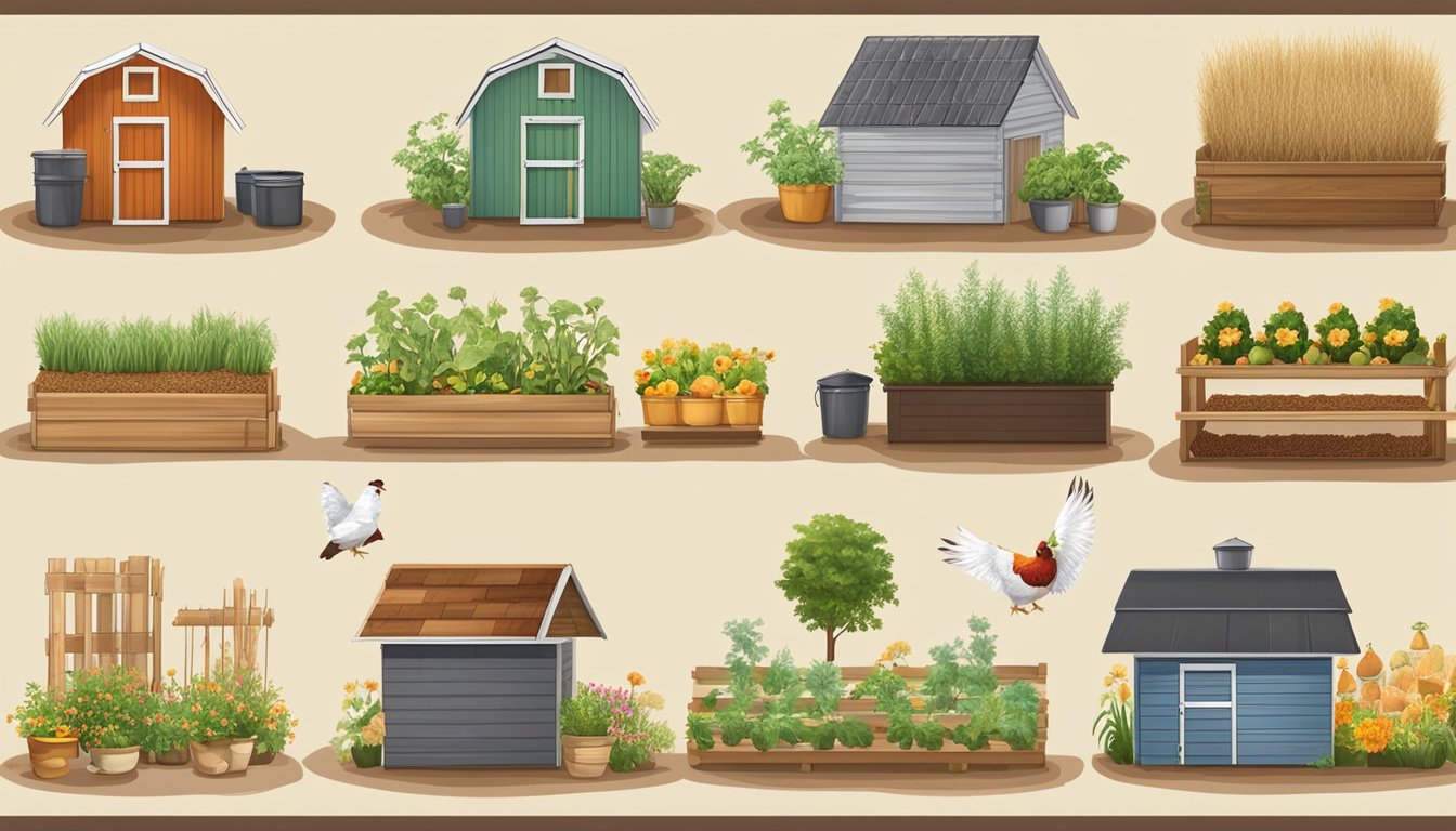 A backyard chicken coop with various feed options, including grains, vegetables, and insects, displayed in separate containers