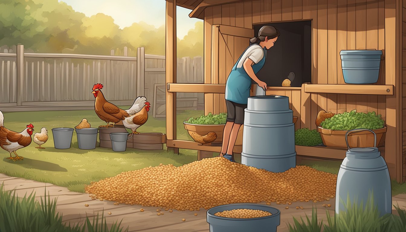 A person filling chicken feeders with a variety of grains and vegetables, next to a water dispenser in a backyard chicken coop