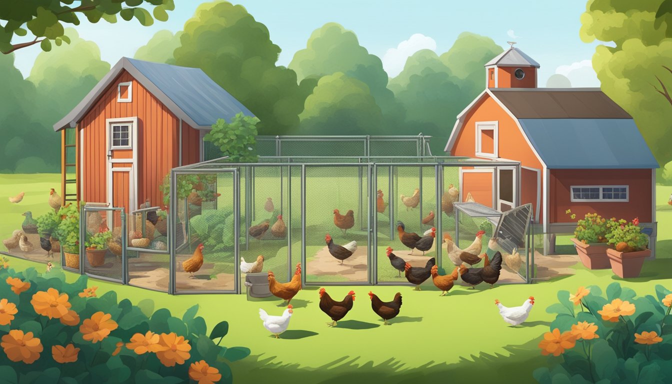 A backyard with multiple chickens eating from a variety of feeders and waterers, surrounded by greenery and a coop in the background