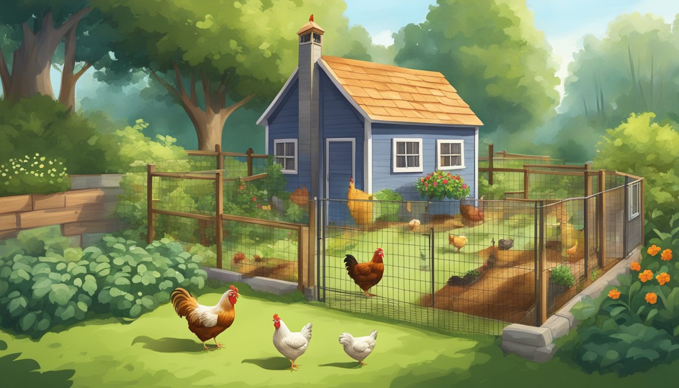 A cozy backyard with a small, well-maintained chicken coop surrounded by lush greenery and a vegetable garden. Several happy, free-ranging chickens pecking at the ground