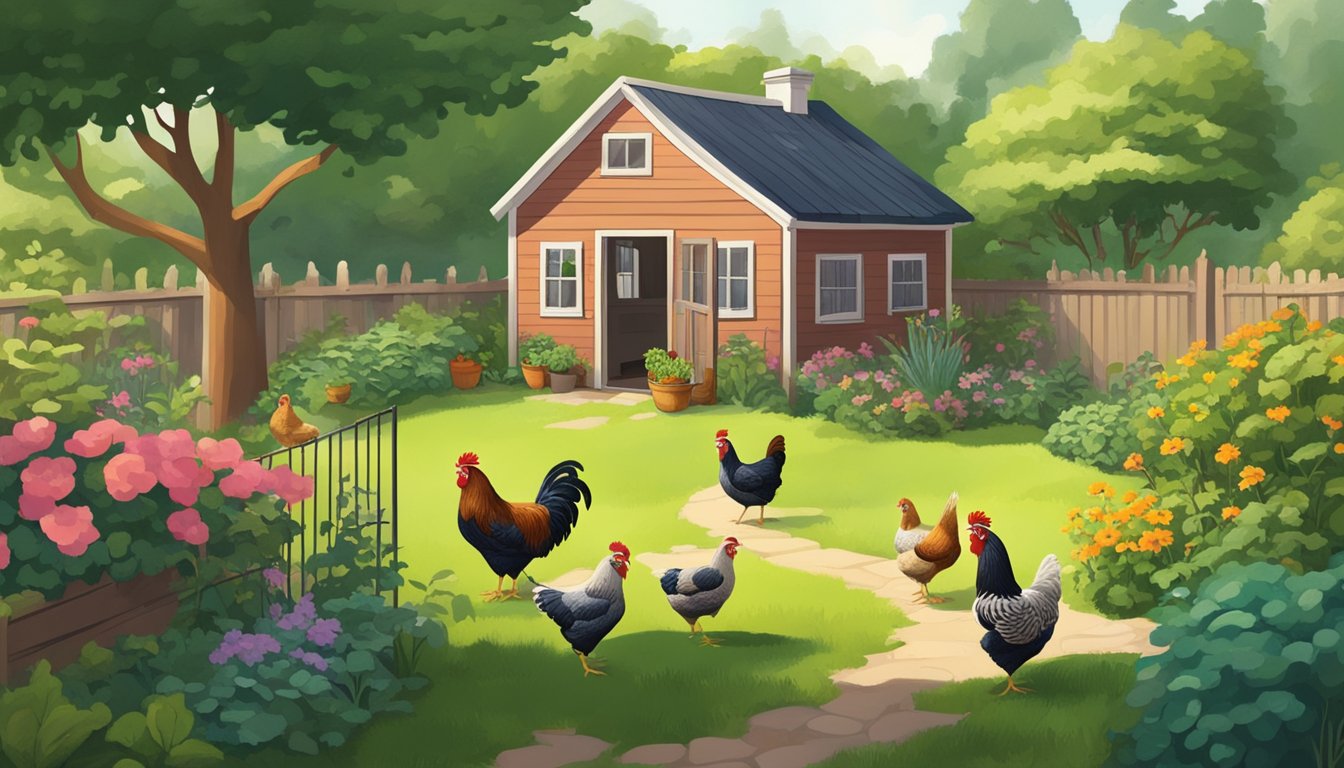 A small, lush backyard with a coop, free-roaming chickens, and a vegetable garden. The chickens peck at the ground while the owner tends to the plants