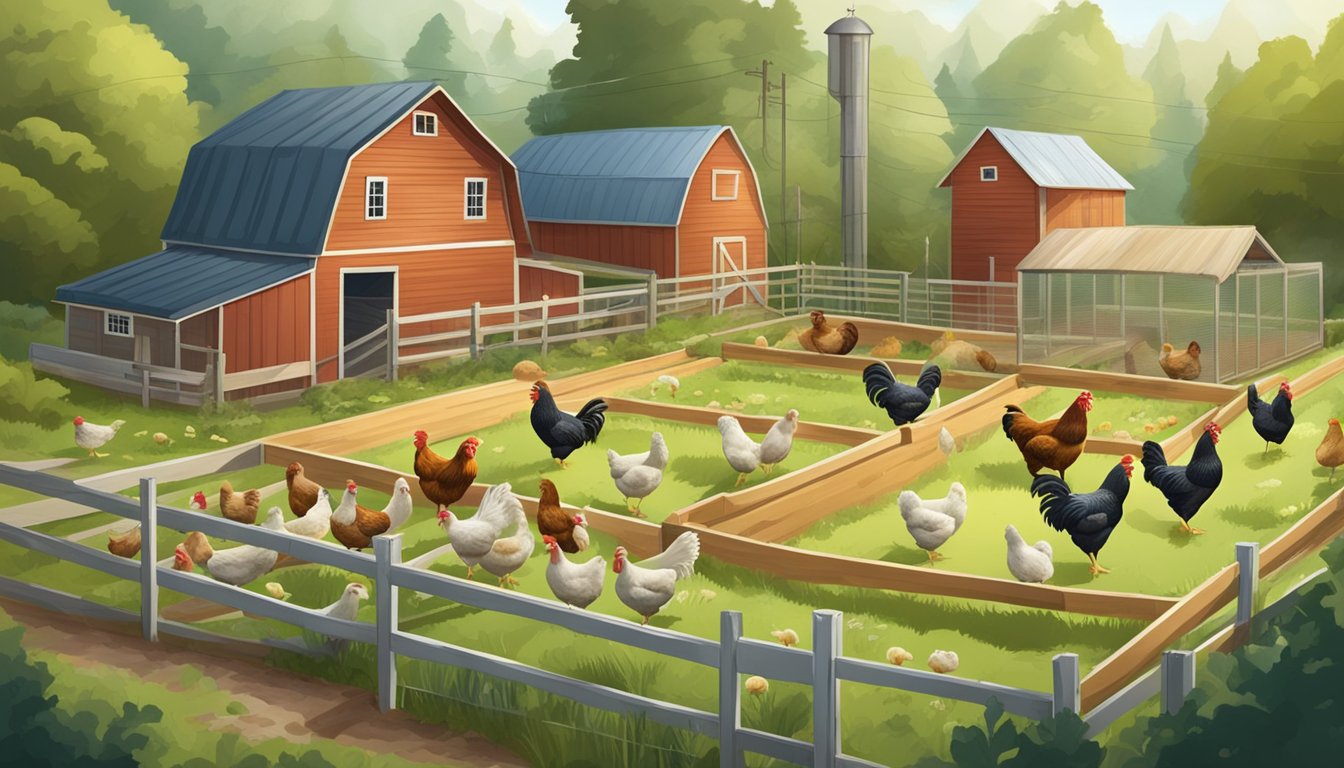 A small-scale organic chicken farm with free-range chickens, a coop, and a vegetable garden