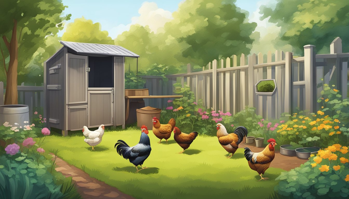 A lush backyard with a small coop, free-range chickens pecking at the ground, and a compost bin for organic waste