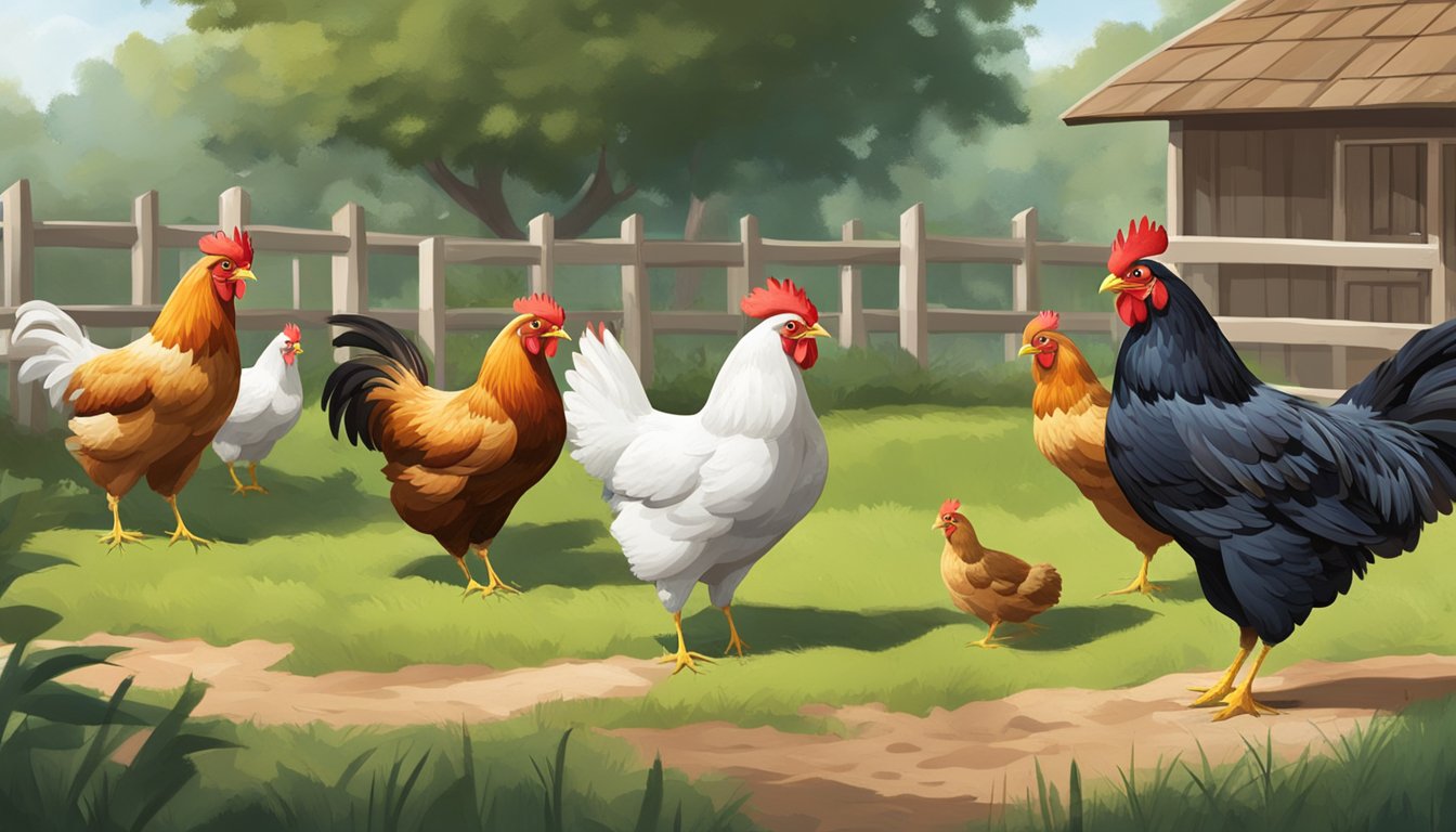 A flock of chickens in a backyard setting, with one chicken displaying aggressive behavior towards the others. The environment is lush and natural, with a coop and feeding area visible