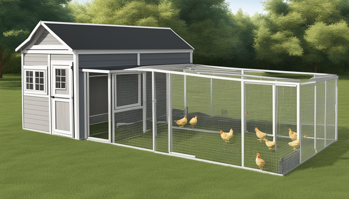 A spacious coop with ample room for chickens to move and roost, with easy access to nesting boxes and a secure outdoor area for foraging