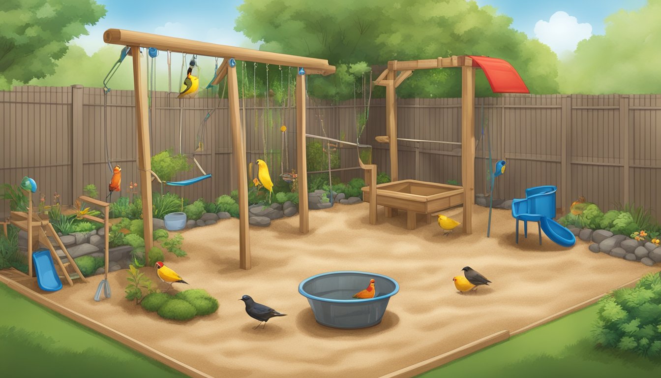 A backyard with a variety of enrichment items such as perches, hanging toys, and a small sandbox for dust baths