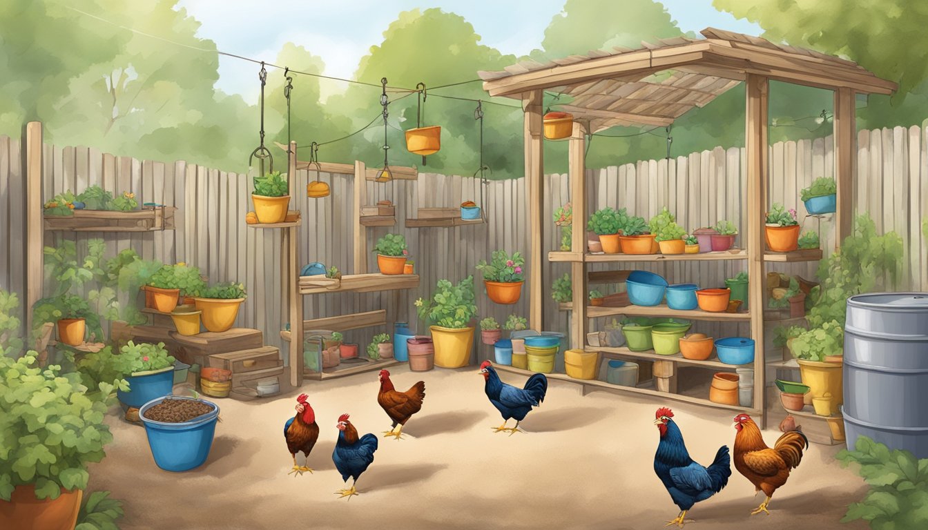 A backyard with a variety of enrichment items such as hanging mirrors, perches, and hanging treats to keep chickens entertained and engaged