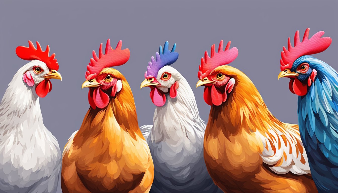 A group of well-groomed chickens stand in a row, each displaying their vibrant feathers and healthy appearance. The backdrop includes a checklist of regulations and guidelines for the upcoming poultry show