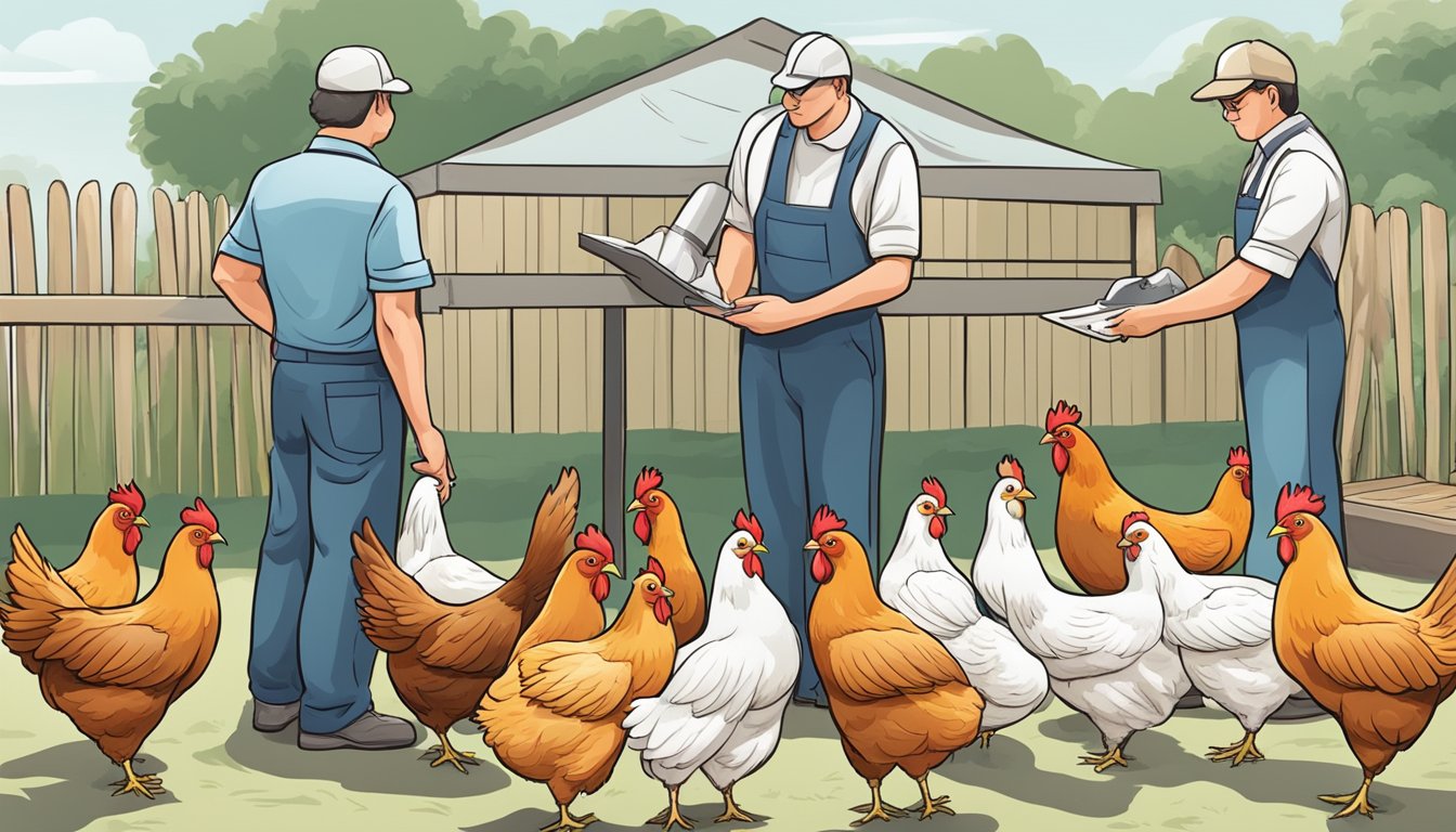 A group of healthy and well-groomed backyard chickens are being inspected by a poultry show judge in a clean and organized outdoor setting