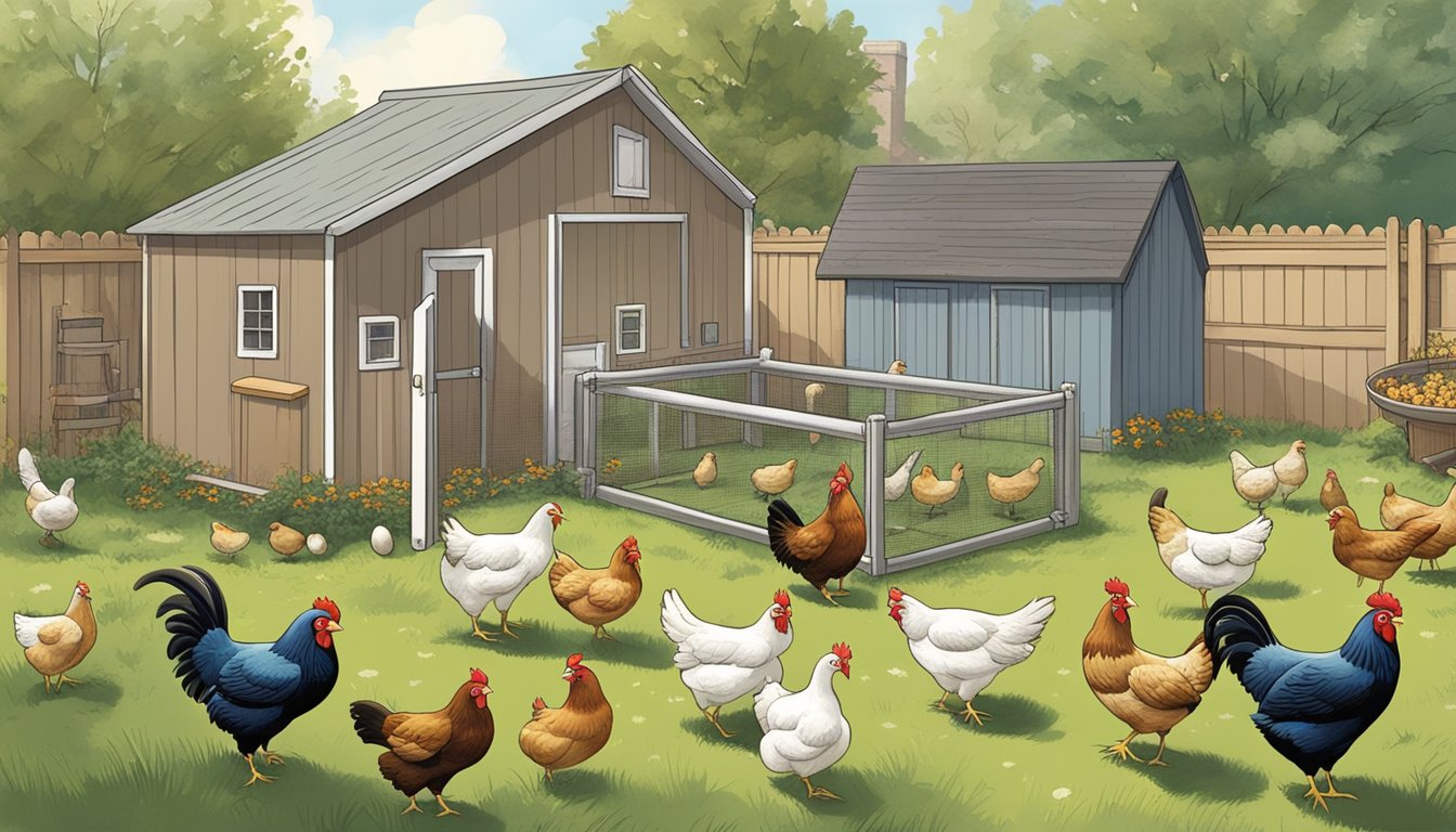 A backyard with a coop, nesting boxes, and a spacious fenced area for chickens to roam and forage. A mix of dual-purpose breeds, such as Plymouth Rocks and Sussex, are seen laying eggs and pecking at the ground