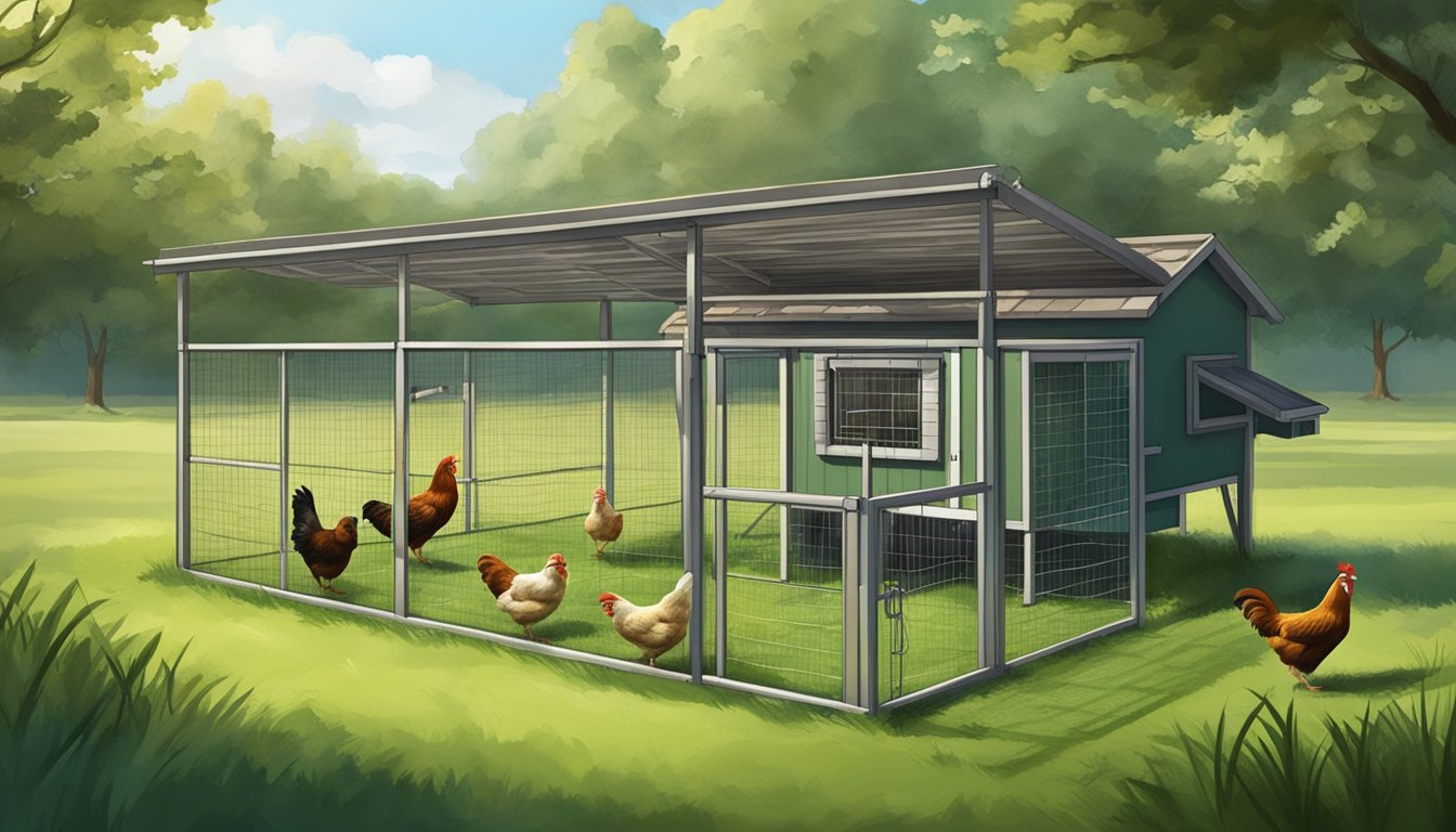 A small, tidy coop surrounded by a fenced-in area with plenty of green grass and space for the chickens to roam and peck