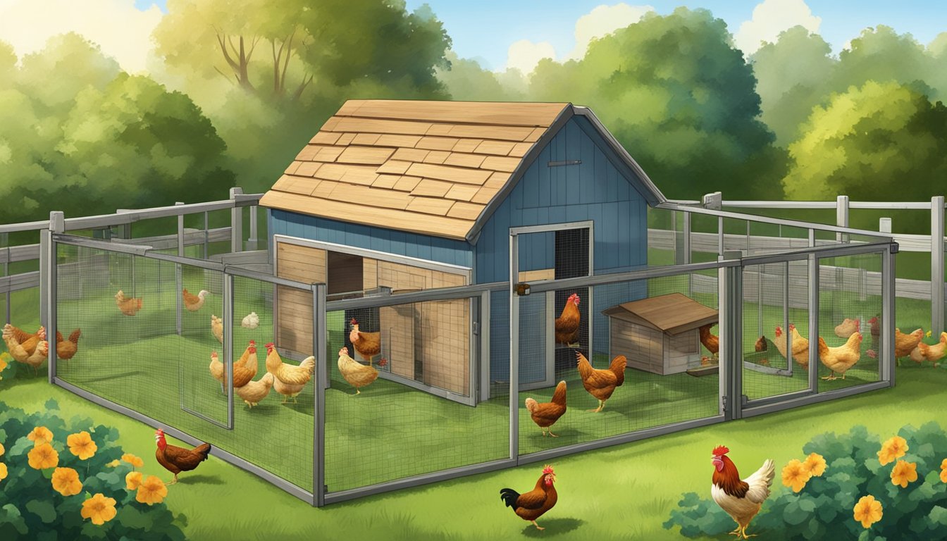 A backyard chicken coop with a mix of hens and roosters, surrounded by a small vegetable garden and compost bin. The chickens roam freely in a spacious, grassy area, with a separate section for nesting boxes and roosts