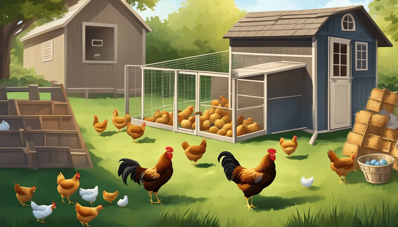 A small backyard with a chicken coop, several hens roaming freely, and a collection of freshly laid eggs in a basket