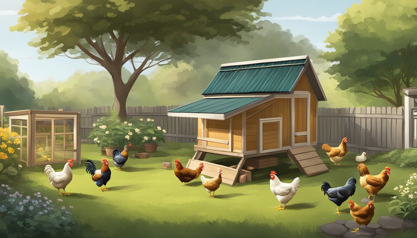 A backyard with a small chicken coop, several hens roaming freely, and a small table with egg cartons ready for sale