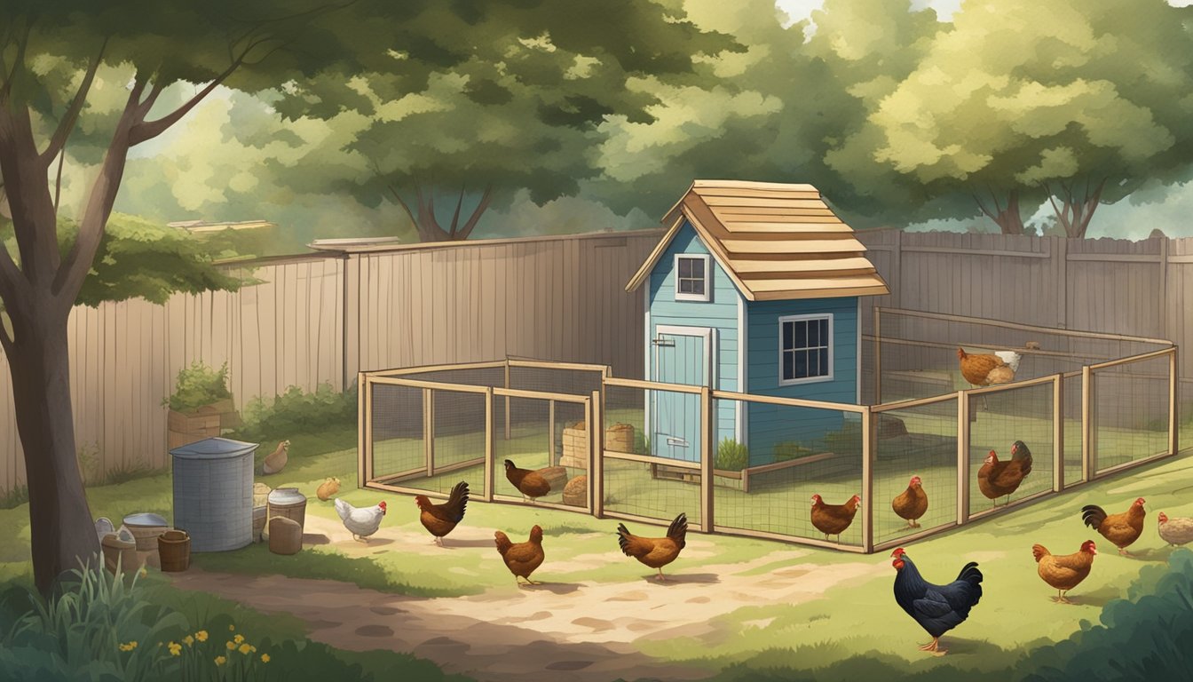 A backyard with a small chicken coop, a few hens roaming freely, and a person collecting eggs. A sign with regulations posted nearby