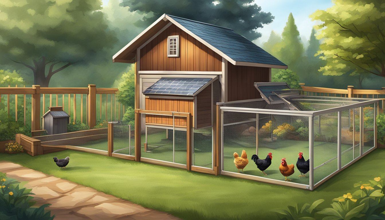 A backyard with a small chicken coop, a fenced-in area for the chickens to roam, and a small shed for storing feed and supplies