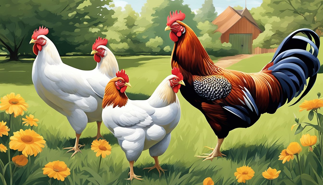 A variety of chicken breeds, such as Rhode Island Reds and Leghorns, roam freely in a spacious backyard, each breed known for its high egg production