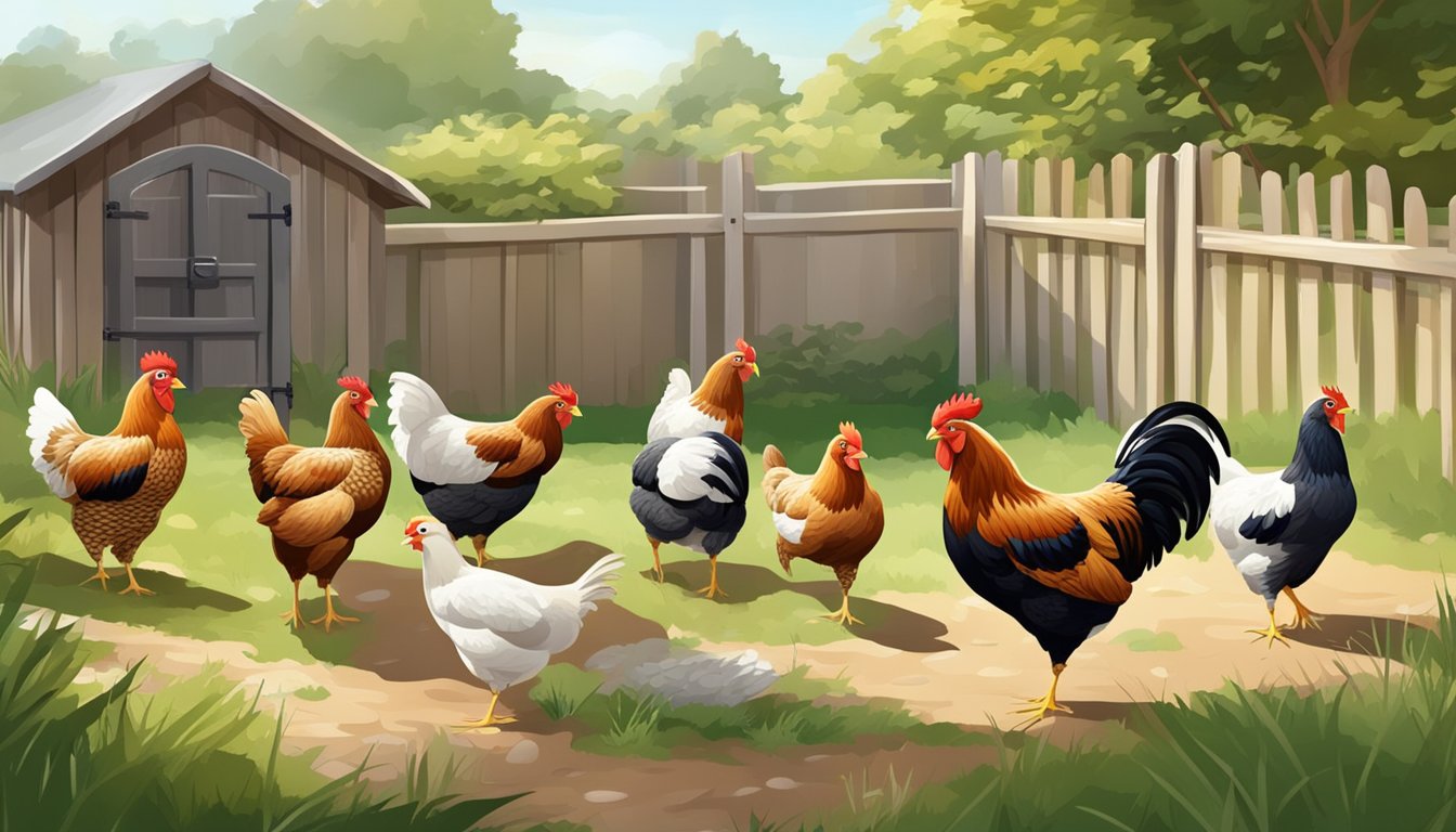 A flock of hens of various breeds roam freely in a spacious backyard, pecking at the ground and clucking softly as they lay eggs in nesting boxes