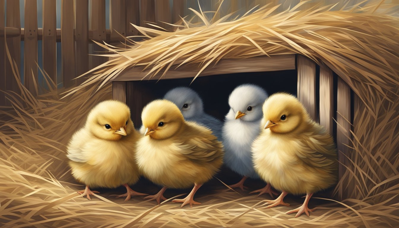 A group of fluffy chicks huddle together in a cozy, straw-filled coop. One chick perches on the edge, while another pecks at the ground