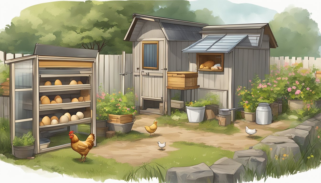 A backyard with a small chicken coop, a sign indicating egg sales, and a separate area for processing meat