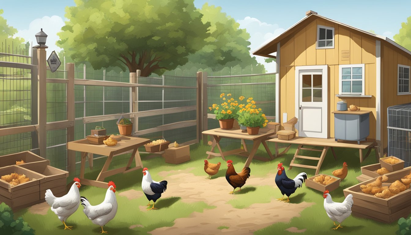 A backyard with a coop, chickens, and a small table with a scale and egg cartons. A sign with regulations posted nearby