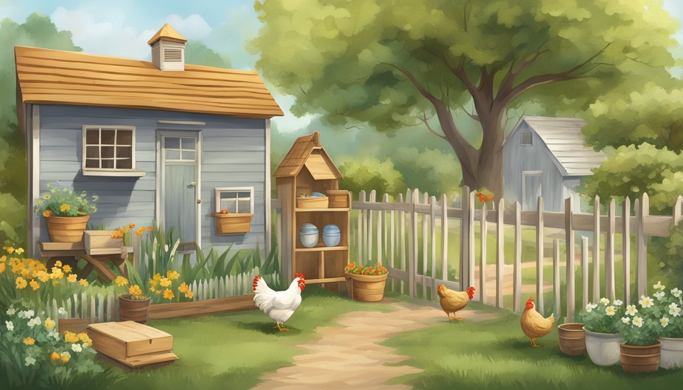 A quaint backyard with a small chicken coop, a sign indicating "Fresh Eggs for Sale," and a customer purchasing eggs from a friendly farmer