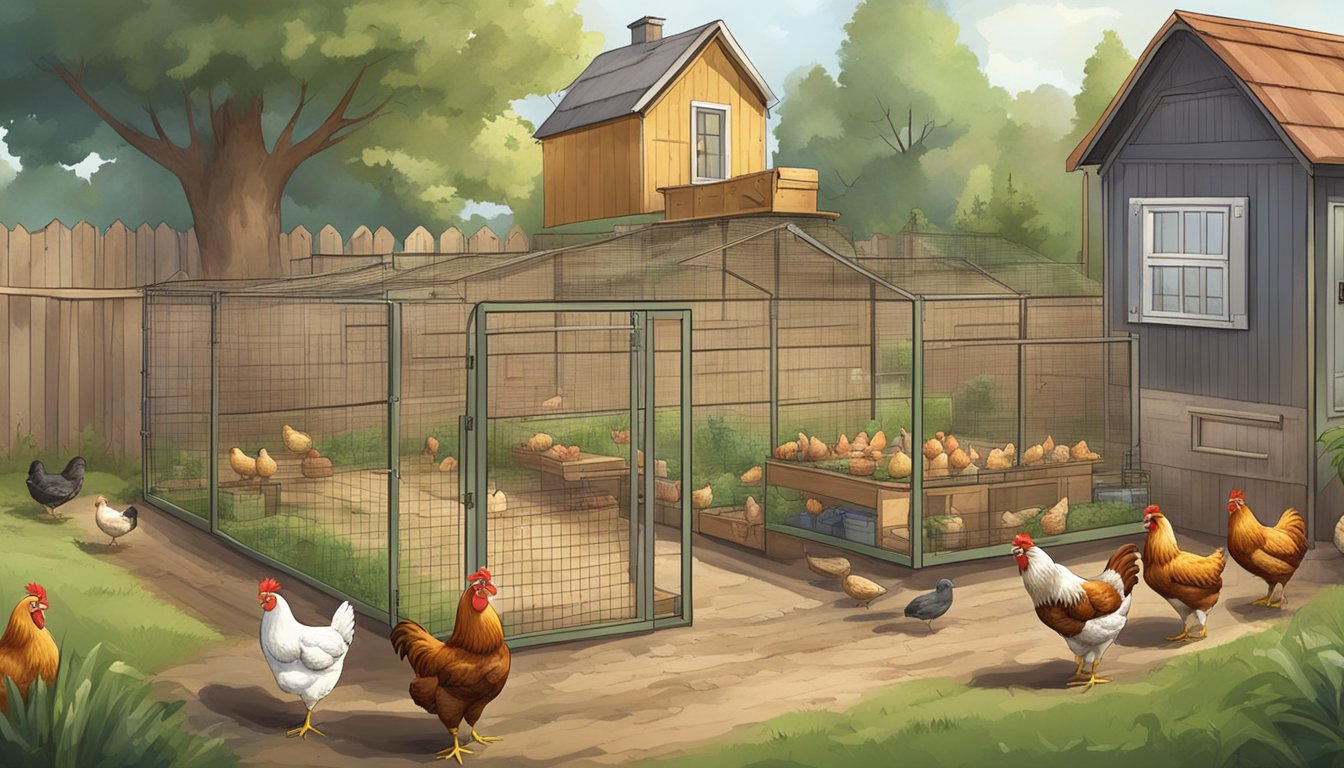 A backyard with chickens, a small coop, and a sign displaying regulations for selling eggs and meat