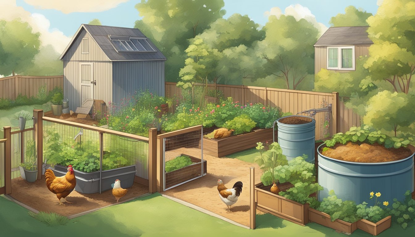 A sunny backyard with a coop, free-range chickens, and a vegetable garden. A compost bin and rain barrel demonstrate sustainable practices