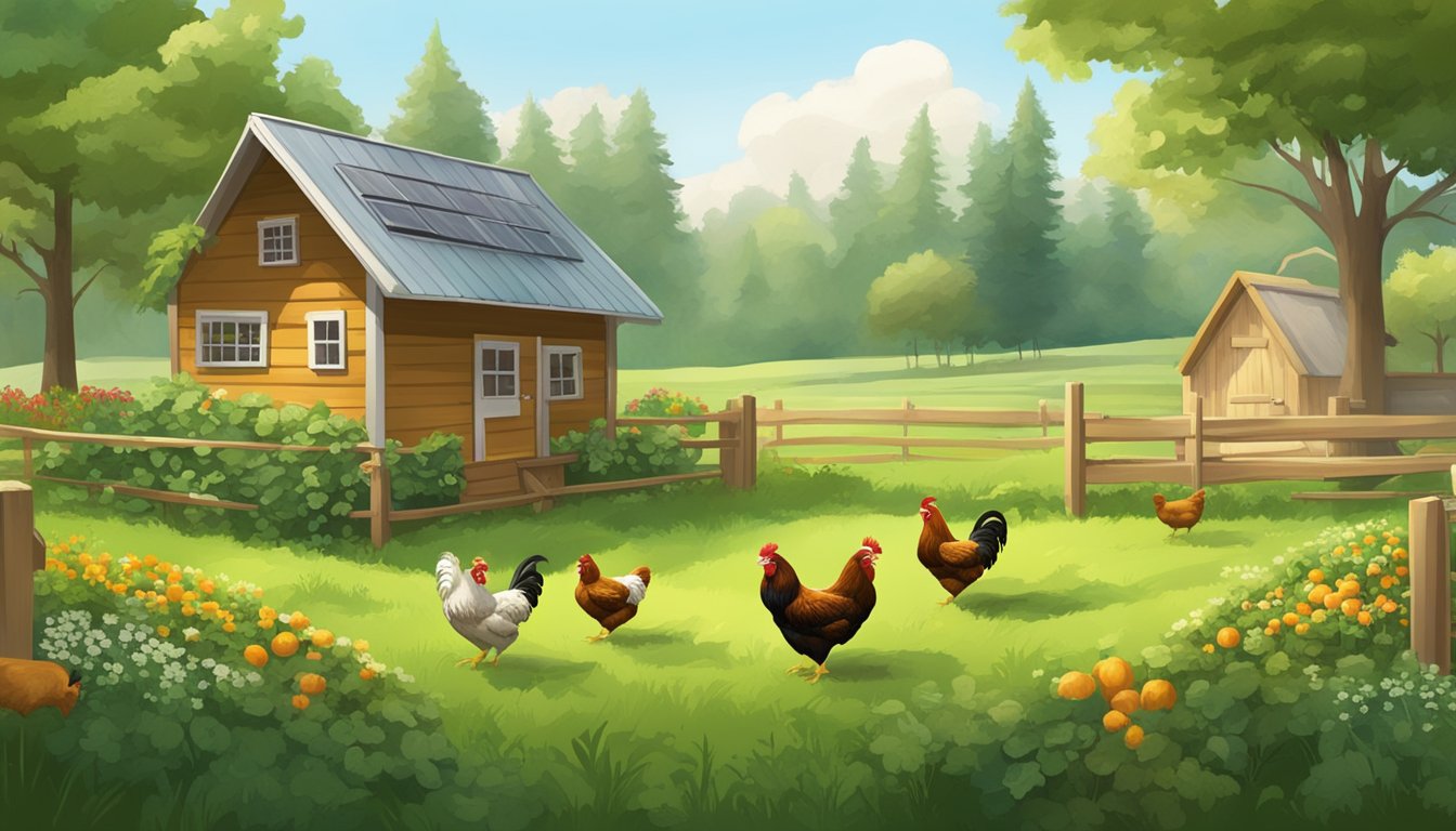 A lush green pasture with a cozy chicken coop, free-range chickens pecking at the ground, surrounded by a small vegetable garden and compost pile