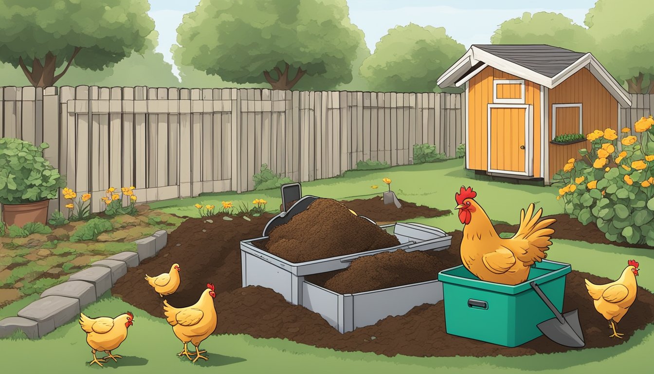 A backyard with a small coop and a compost bin. A shovel and gardening gloves lay nearby. A deceased chicken is being respectfully placed into the compost bin