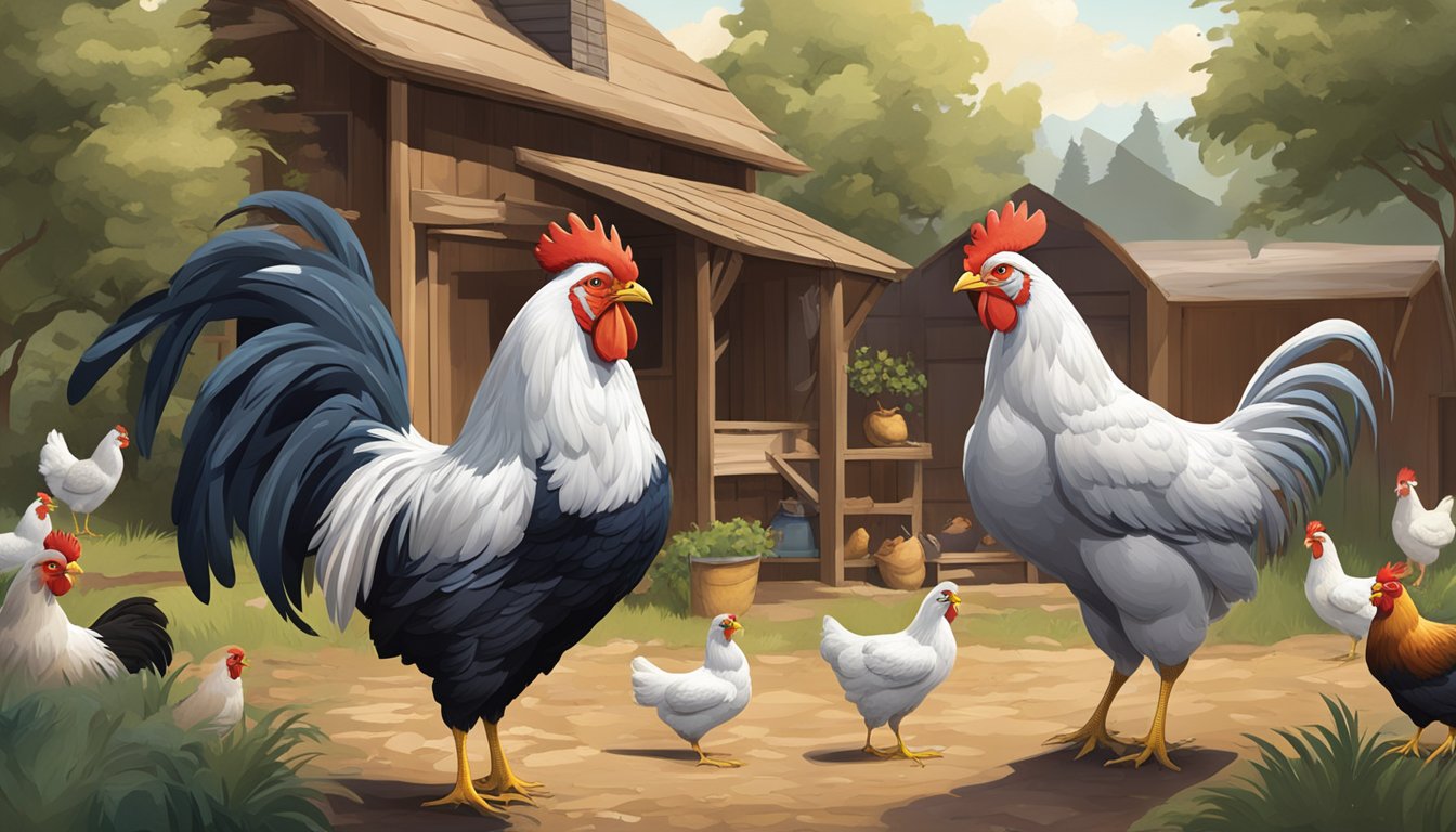 A mature chicken stands in a rustic backyard setting, surrounded by other chickens of various breeds. Its feathers are sleek and its body appears healthy and robust